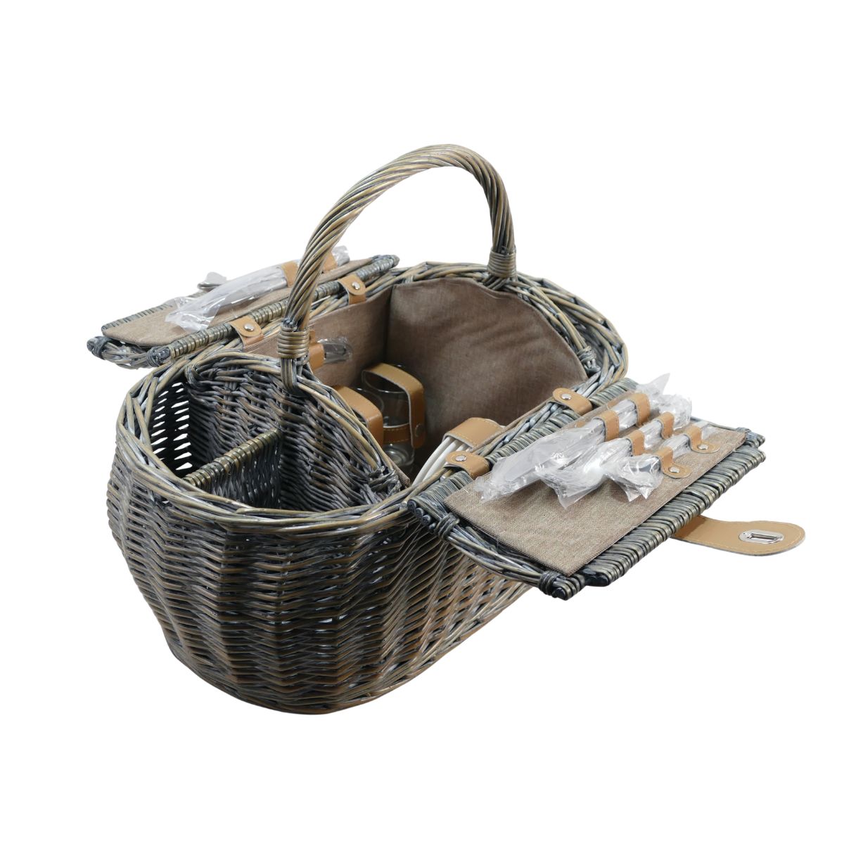 Classic Grey Willow Picnic Basket for Four with Stainless Steel Cutlery - OutdoorTravelGear.com