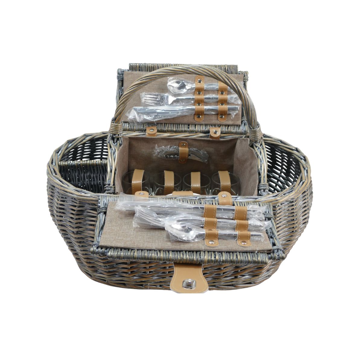 Classic Grey Willow Picnic Basket for Four with Stainless Steel Cutlery - OutdoorTravelGear.com