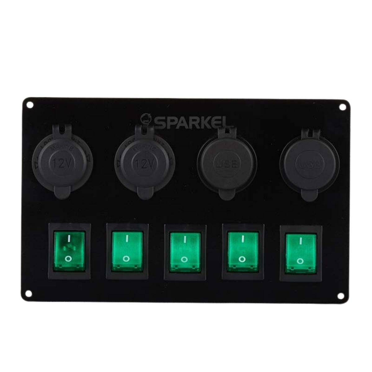 Switch Panel with 5 On/Off Switch with Indicator | 2 Female Cig Lighter Socket | Voltmeter - 200x150mm 12/24V DC RV - OutdoorTravelGear.com