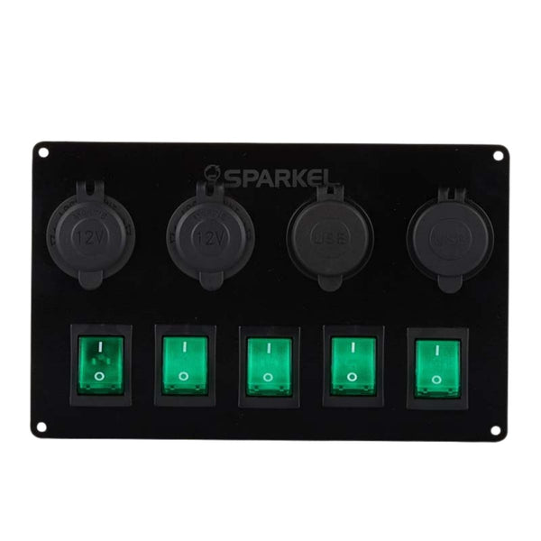 Switch Panel with 5 On/Off Switch with Indicator | 2 Female Cig Lighter Socket | Voltmeter - 200x150mm 12/24V DC RV - OutdoorTravelGear.com