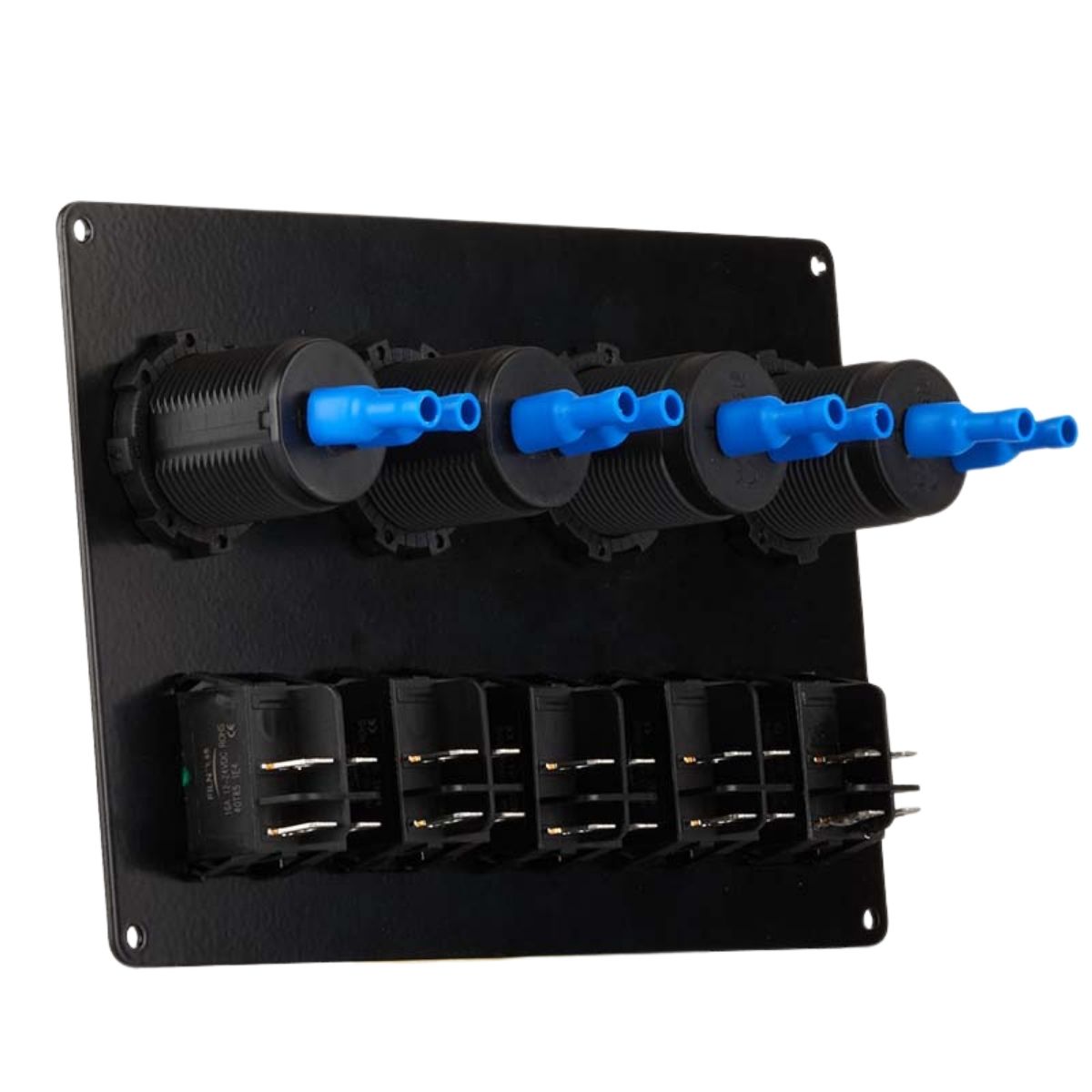 Switch Panel with 5 On/Off Switch with Indicator | 2 Female Cig Lighter Socket | Voltmeter - 200x150mm 12/24V DC RV - OutdoorTravelGear.com