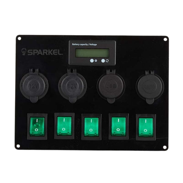 Switch Panel with 5 On/Off Switch with Indicator | 2 Female Cig Lighter Socket | Voltmeter | Battery Capacity Display - 200x150mm 12/24V DC RV - OutdoorTravelGear.com