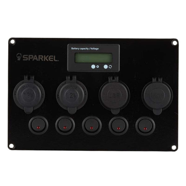 Switch Panel with 5 On/Off Switch with Indicator | 2 Female Cig Lighter Socket | Voltmeter | Battery Capacity Display - 200x150mm 12/24V DC RV - V2 - OutdoorTravelGear.com