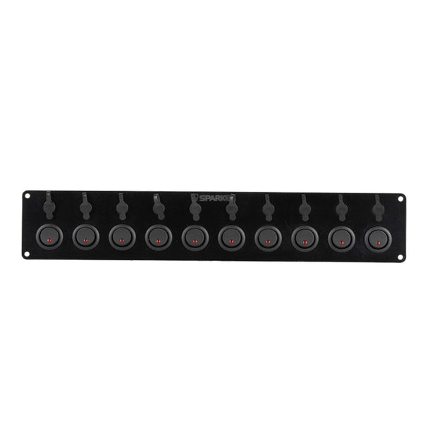 Switch Panel with 10 On/Off Switch with Indicator | 10 Female DC Pin Sockets - 330x60mm 12/24V DC RV - OutdoorTravelGear.com