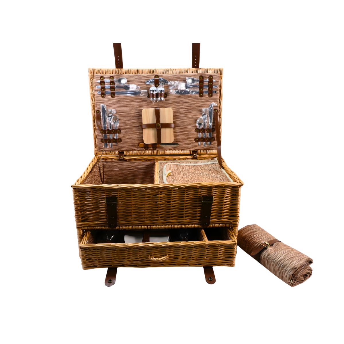 Classic Willow Picnic Basket for Four with Cooler, Cheese Board & Tableware - OutdoorTravelGear.com