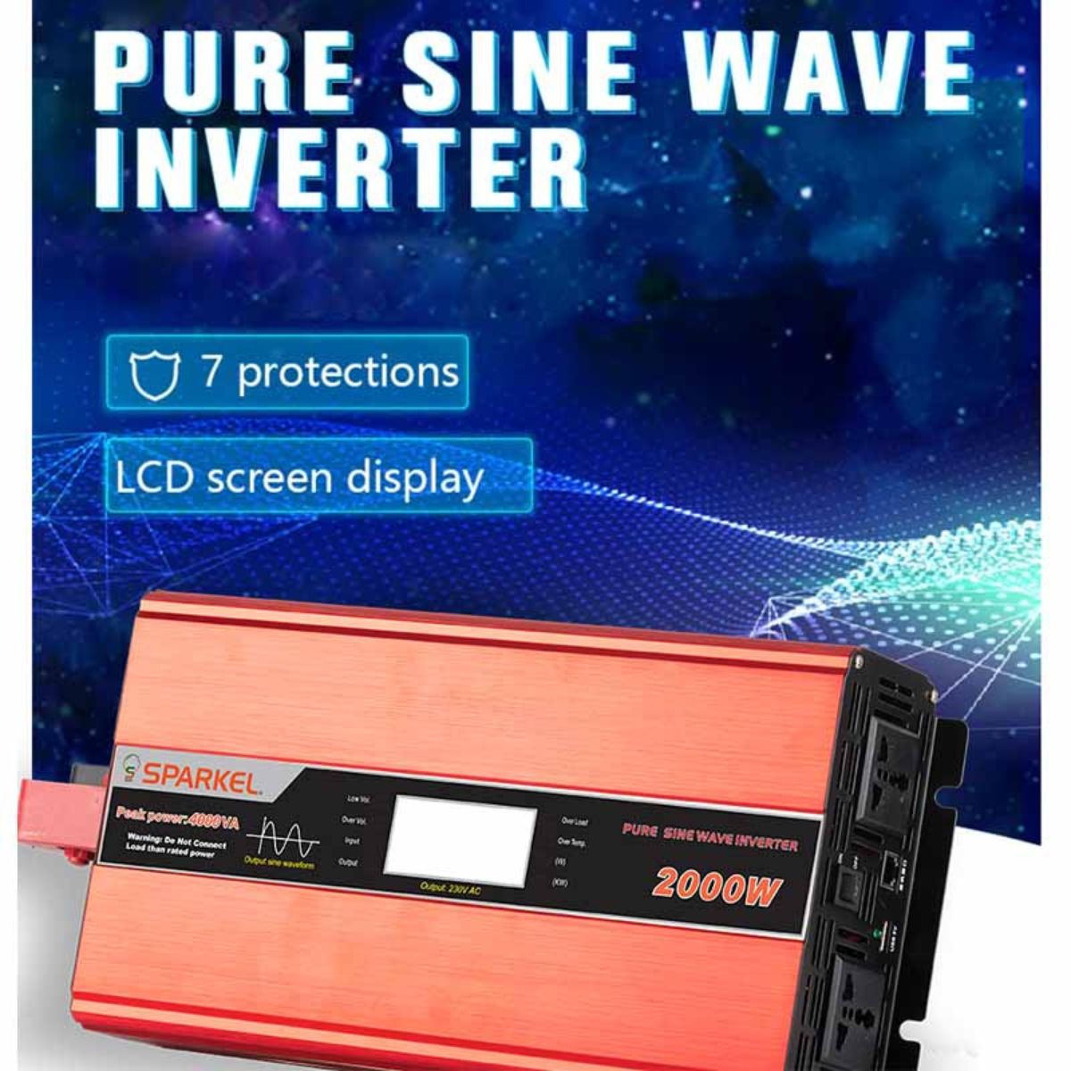 Solar Compact Car Inverter - 12V DC Pure Sine Wave - Output 2000W 5