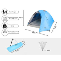 3-Person Camping Tent | UV Protection & Waterproof Flysheet | ET1100 - Aqua Blue - OutdoorTravelGear.com