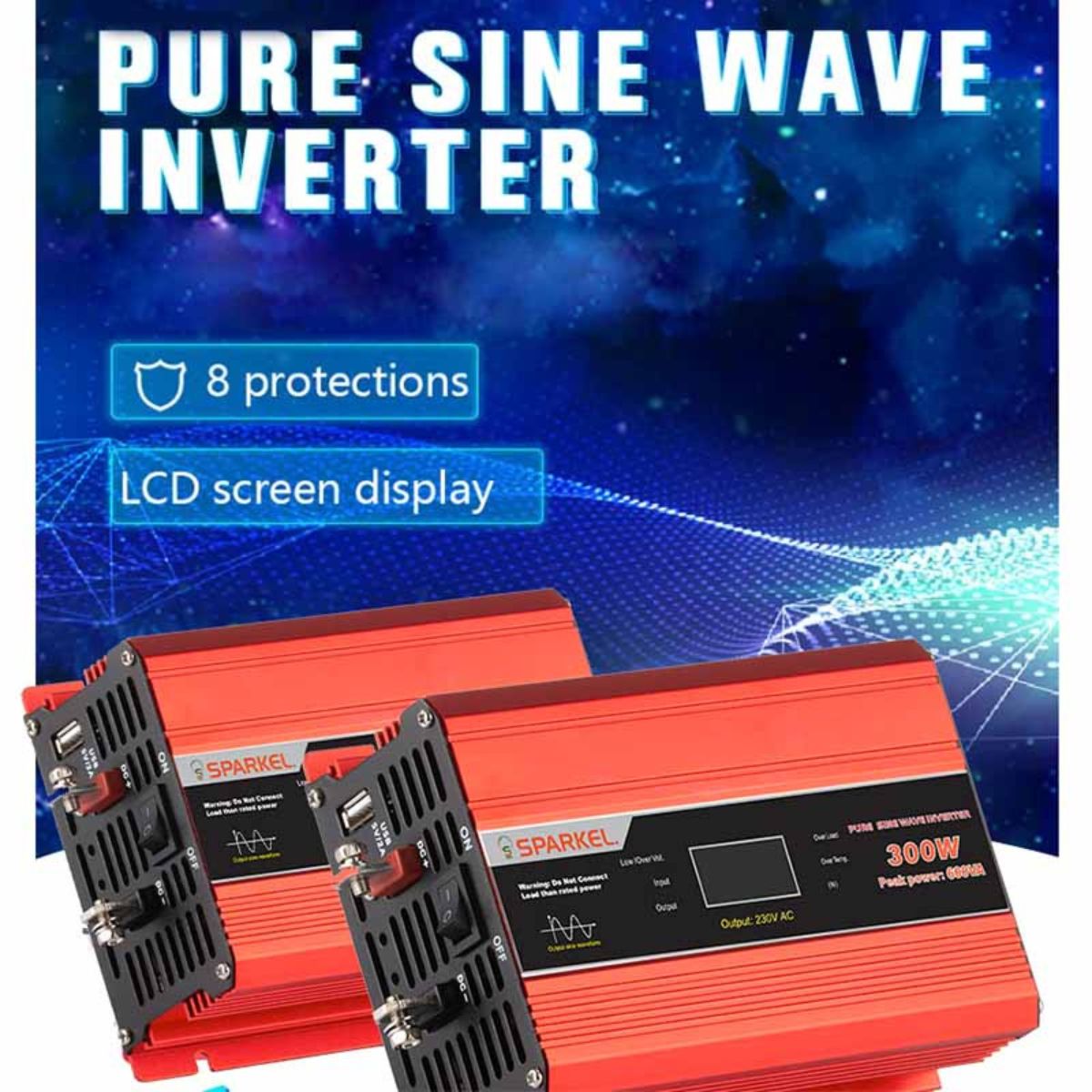 Solar Compact Car Inverter - 12V DC Pure Sine Wave - Output 300W 7