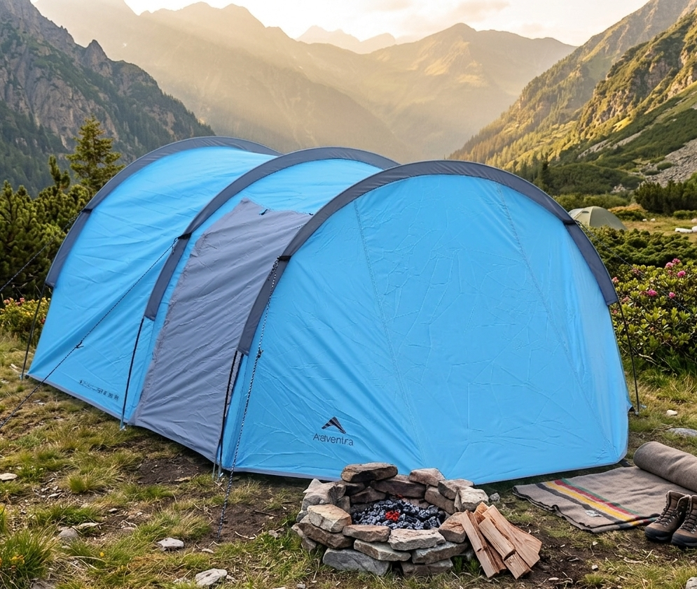 4-Person Waterproof Tunnel Camping Tent | ET1104 - Aqua Blue - OutdoorTravelGear.com