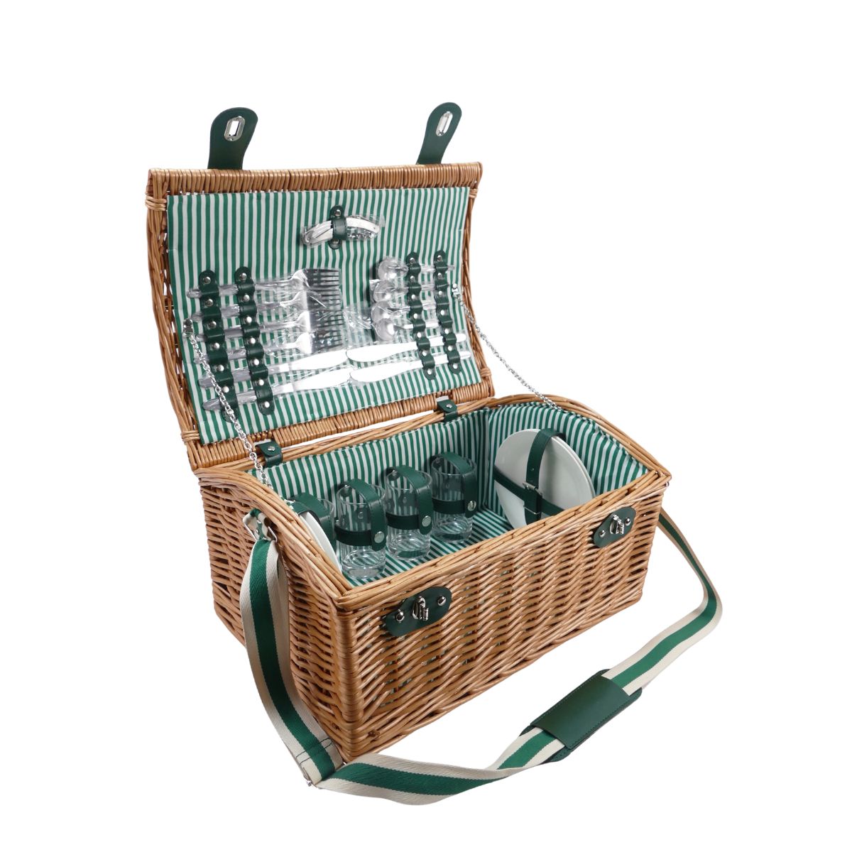 Willow Family Picnic Basket for Four – Green Stripe Interior | with Stainless Steel Cutlery - OutdoorTravelGear.com