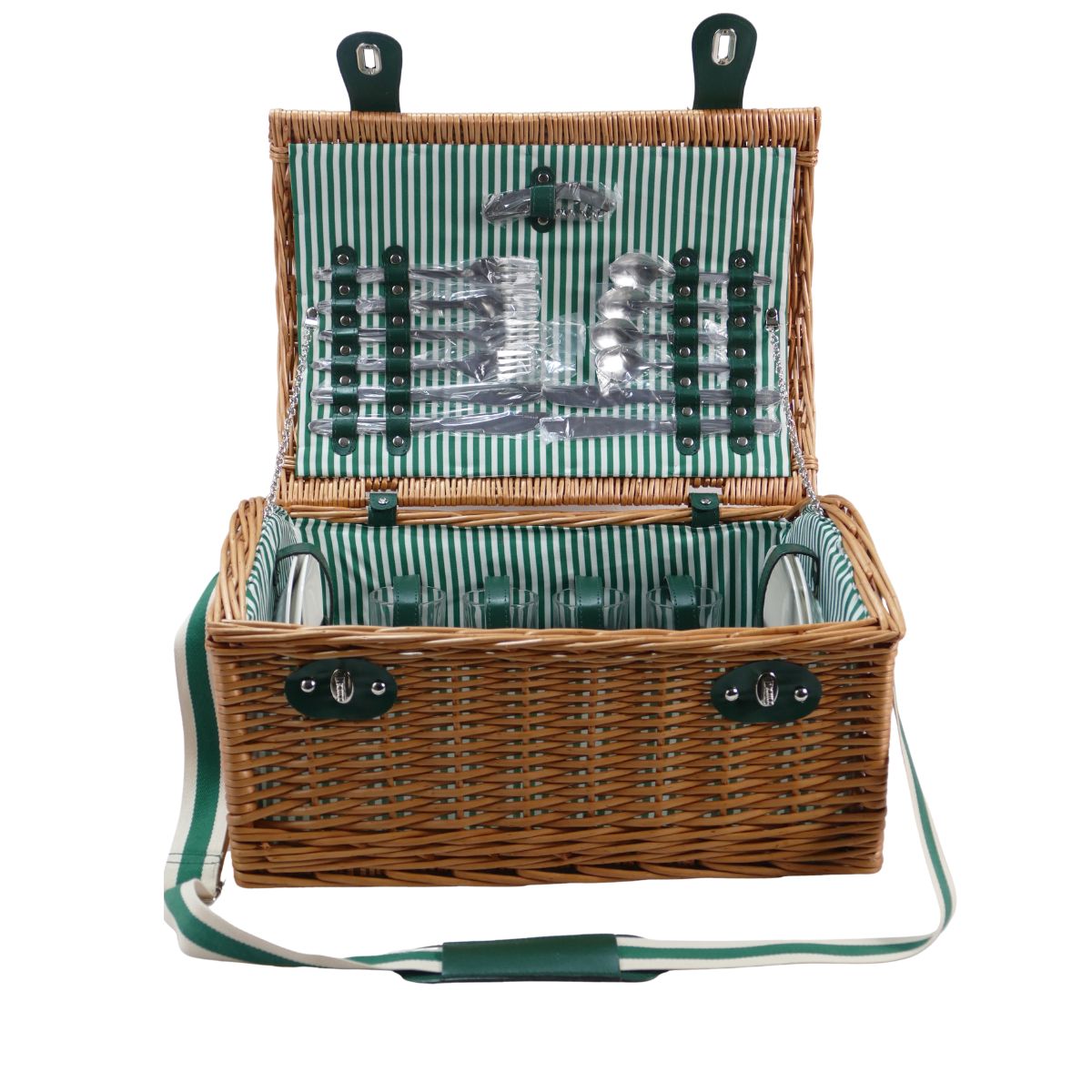 Willow Family Picnic Basket for Four – Green Stripe Interior | with Stainless Steel Cutlery - OutdoorTravelGear.com
