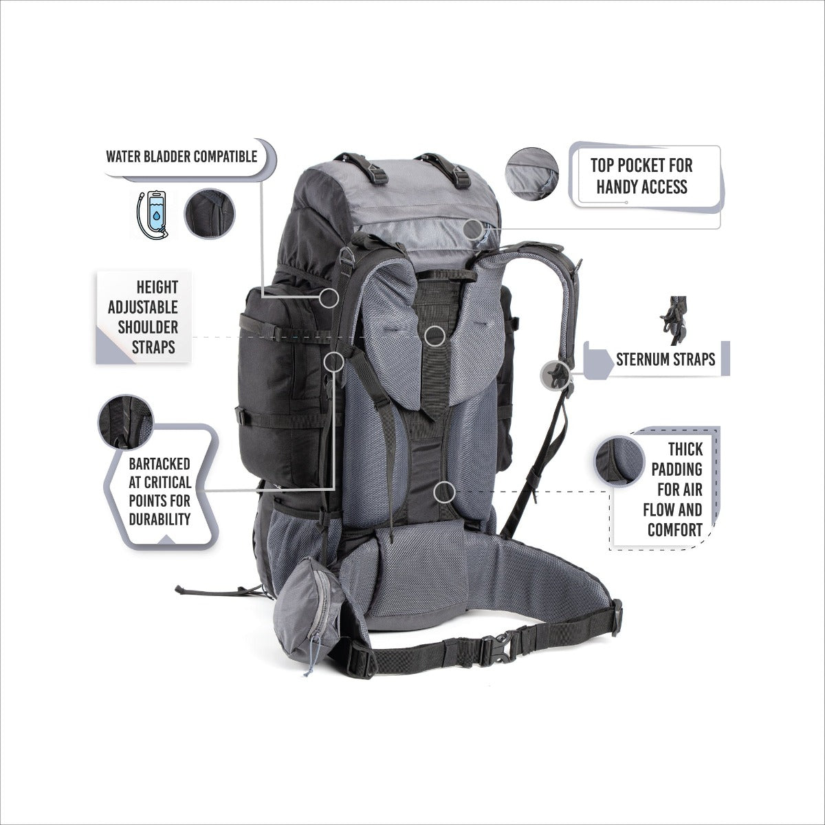 Walker Trekking and Backpacking Rucksack - 65 Litre - Black & Grey 3