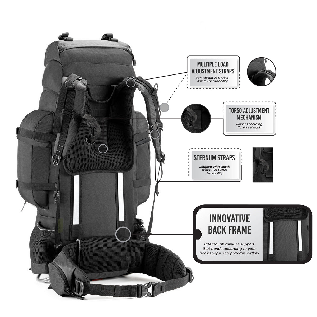 Colonel Pro Metal Frame Rucksack + Detachable Bag & Rain Cover - 105 Litres - Black - OutdoorTravelGear.com
