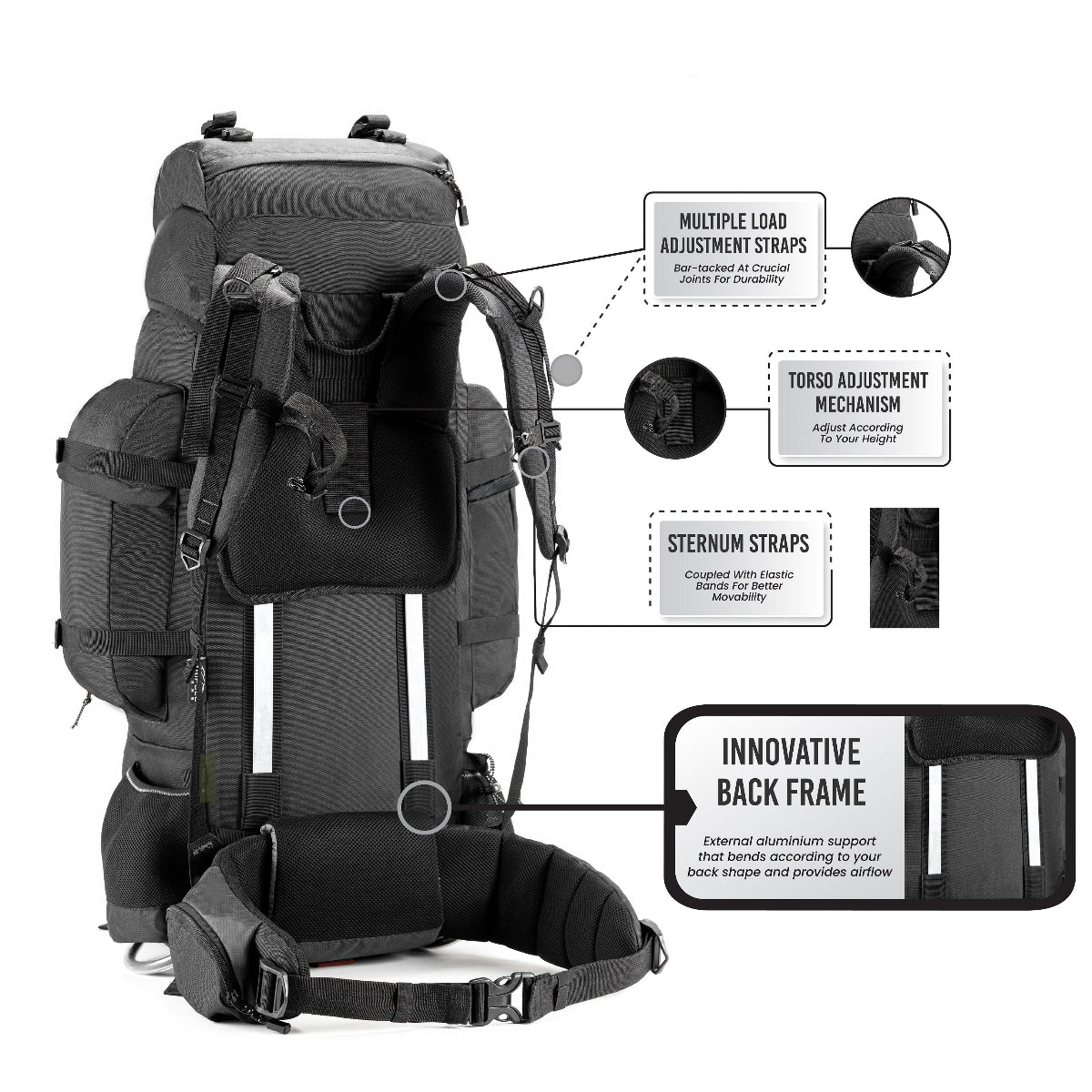 Colonel Pro Metal Frame Rucksack + Detachable Bag & Rain Cover - 90 Litres - Black