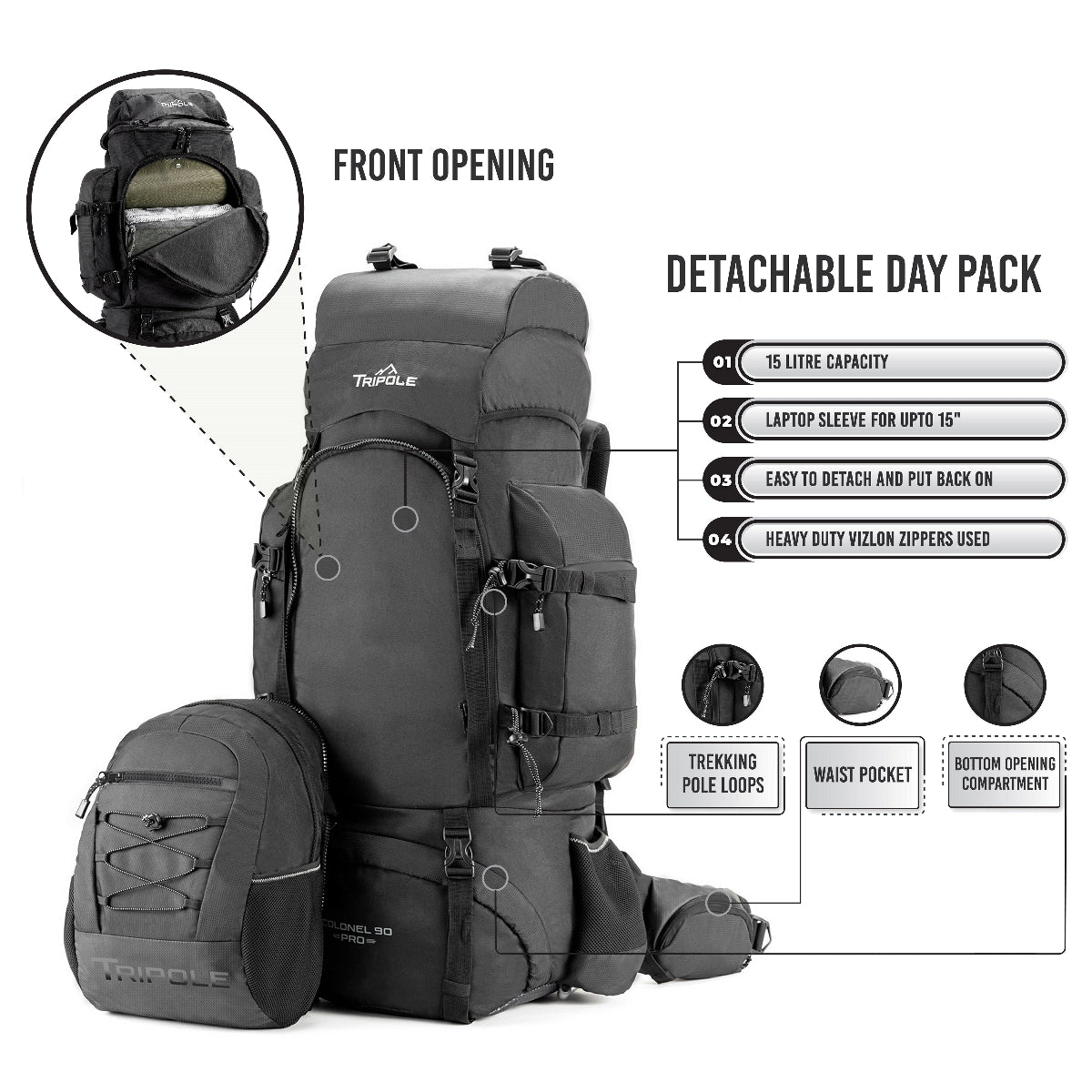 Colonel Pro Metal Frame Rucksack + Detachable Bag & Rain Cover - 90 Litres - Black