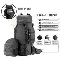 Colonel Pro Metal Frame Rucksack + Detachable Bag & Rain Cover - 90 Litres - Black