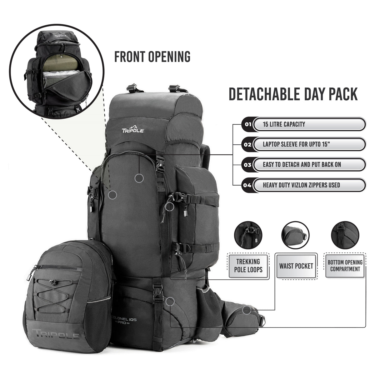 Colonel Pro Metal Frame Rucksack + Detachable Bag & Rain Cover - 105 Litres - Black - OutdoorTravelGear.com