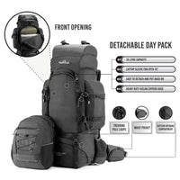 Colonel Pro Metal Frame Rucksack + Detachable Bag & Rain Cover - 105 Litres - Black - OutdoorTravelGear.com