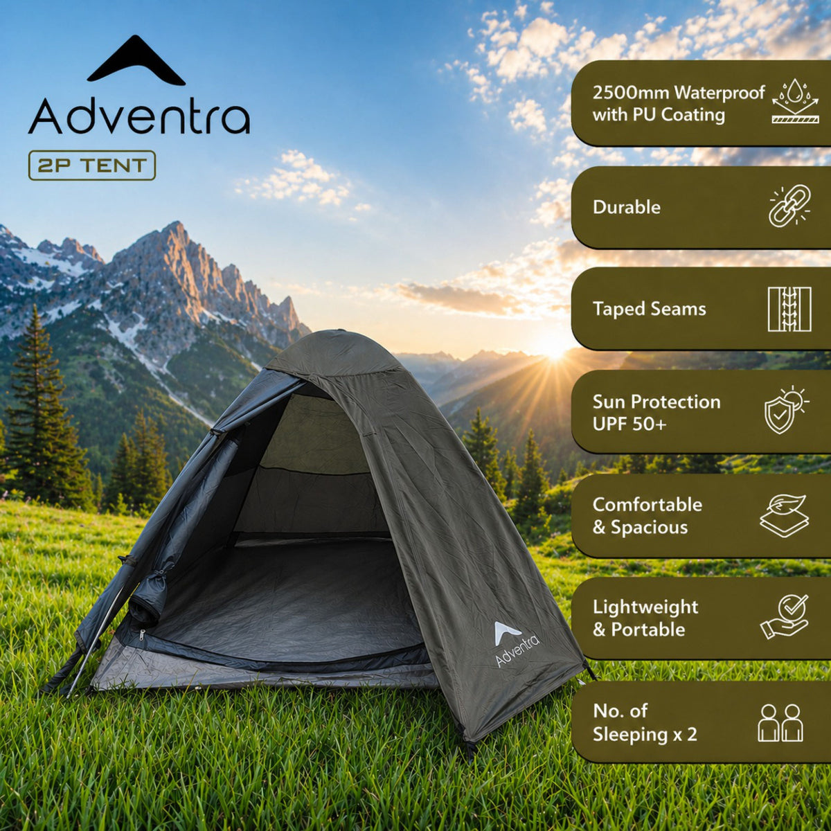 2-Person Dome Waterproof Camping Tent with Aluminium Poles | 2500 mm Waterproof Rating - AL ET1102 | Olive Green - OutdoorTravelGear.com