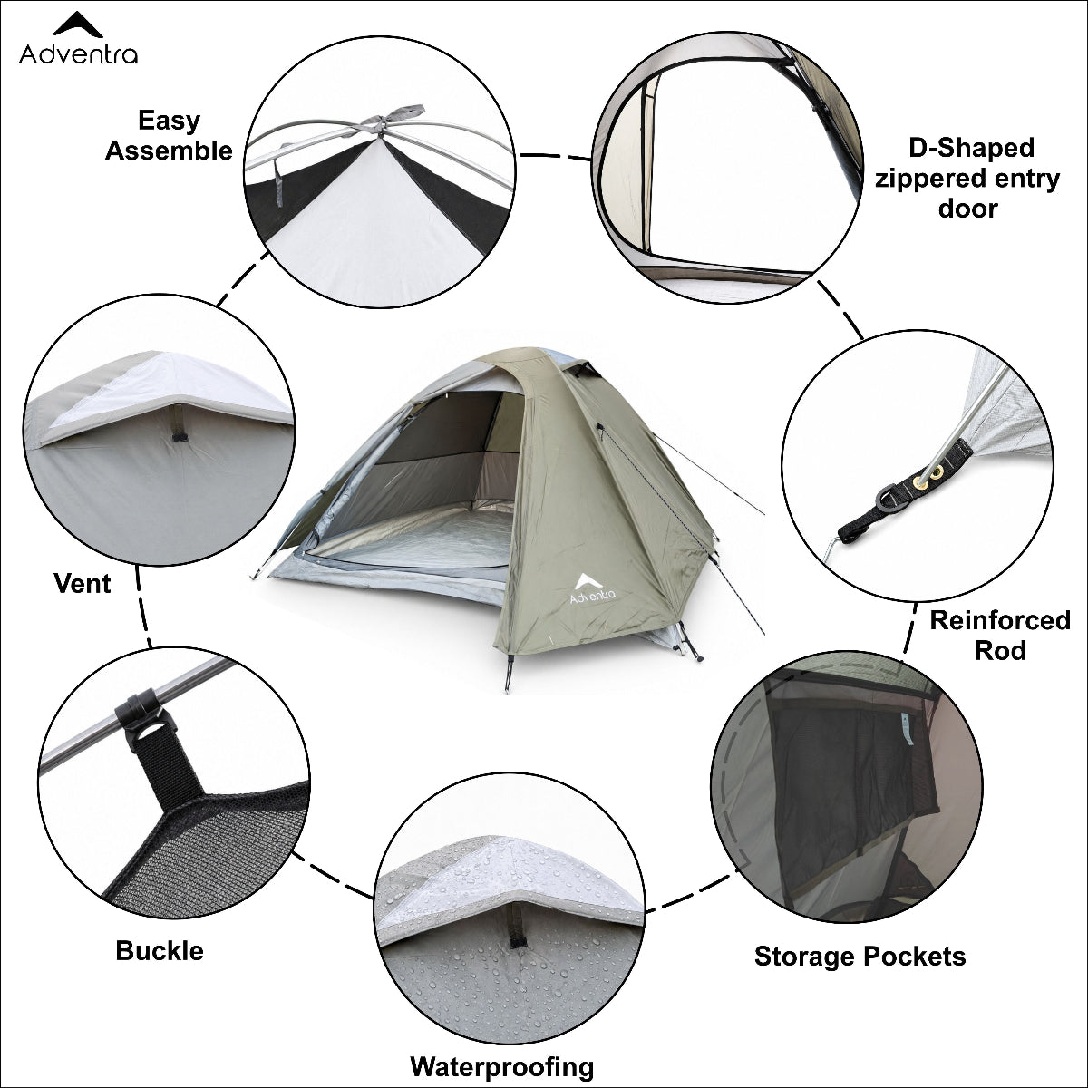 3 Person Dome Waterproof Camping Tent with Aluminium Poles | 2500 mm Waterproof Rating | ET1103 - Olive Green - OutdoorTravelGear.com