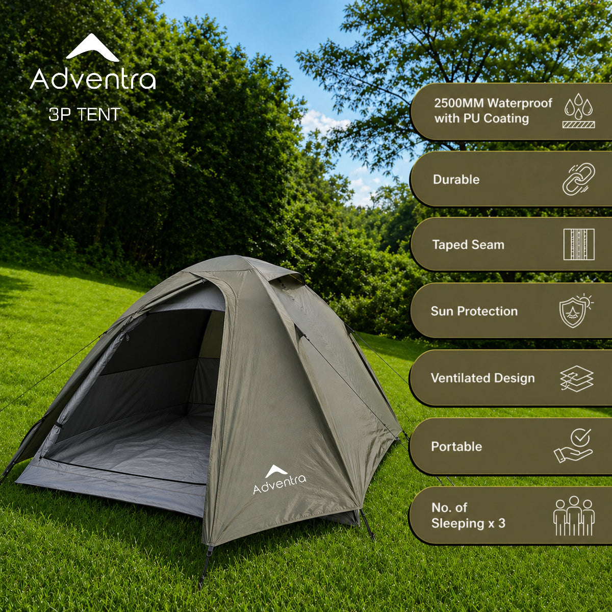 3 Person Dome Waterproof Camping Tent with Aluminium Poles | 2500 mm Waterproof Rating | ET1103 - Olive Green - OutdoorTravelGear.com