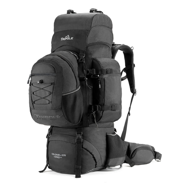 Colonel Pro Metal Frame Rucksack + Detachable Bag & Rain Cover - 105 Litres - Black - OutdoorTravelGear.com