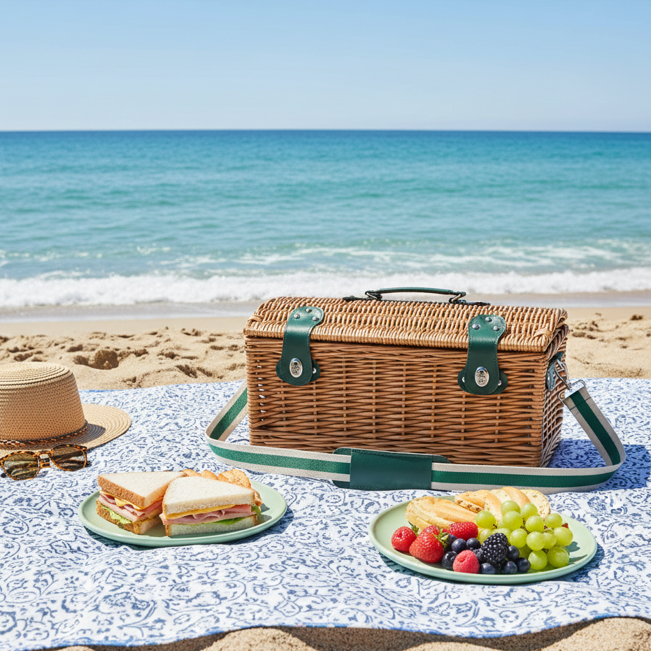 Willow Family Picnic Basket For Four Green Stripe Interior With St willow-family-picnic-basket-for-four-green-stripe-interior-with-st