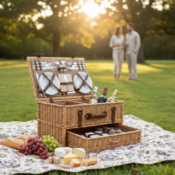 Classic Willow Picnic Basket for Four with Cooler, Cheese Board & Tableware - OutdoorTravelGear.com