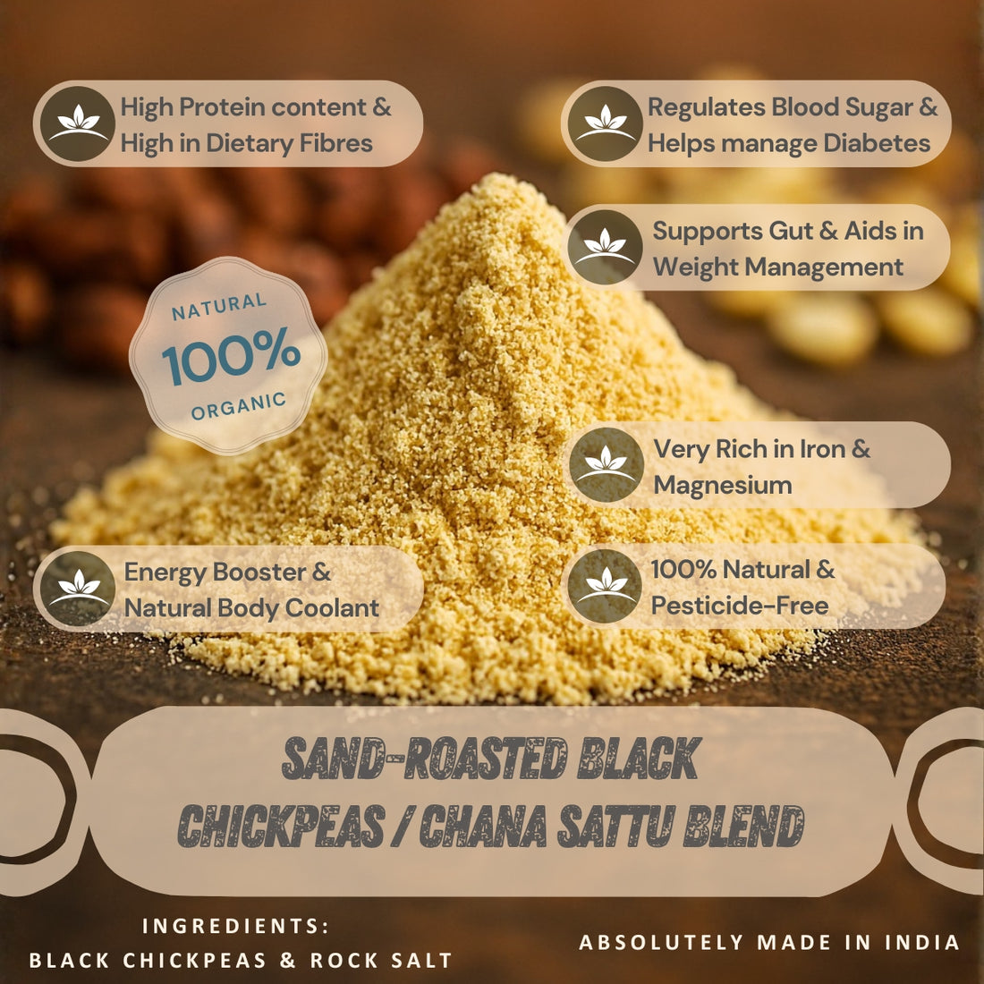 Sand-Roasted Black Chickpeas / Chana Sattu Blend (with Rock Salt) | Dietary Fibre & Protein Rich Superfood - OutdoorTravelGear.com