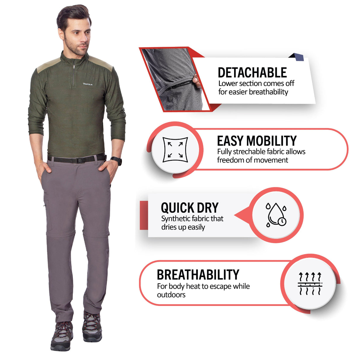 Men's Stretchable Pants for Trekking and Hiking Convertible to Shorts - V2