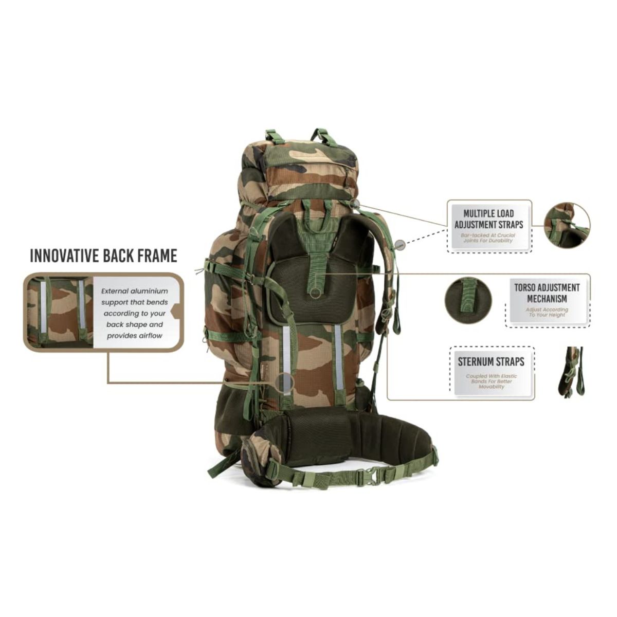 Colonel Pro Metal Frame Rucksack + Detachable Bag & Rain Cover - 90 Litres - Army Green 8