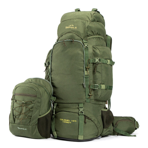 Colonel Pro Metal Frame Rucksack + Detachable Bag & Rain Cover - 105 Litres - Army Green 2