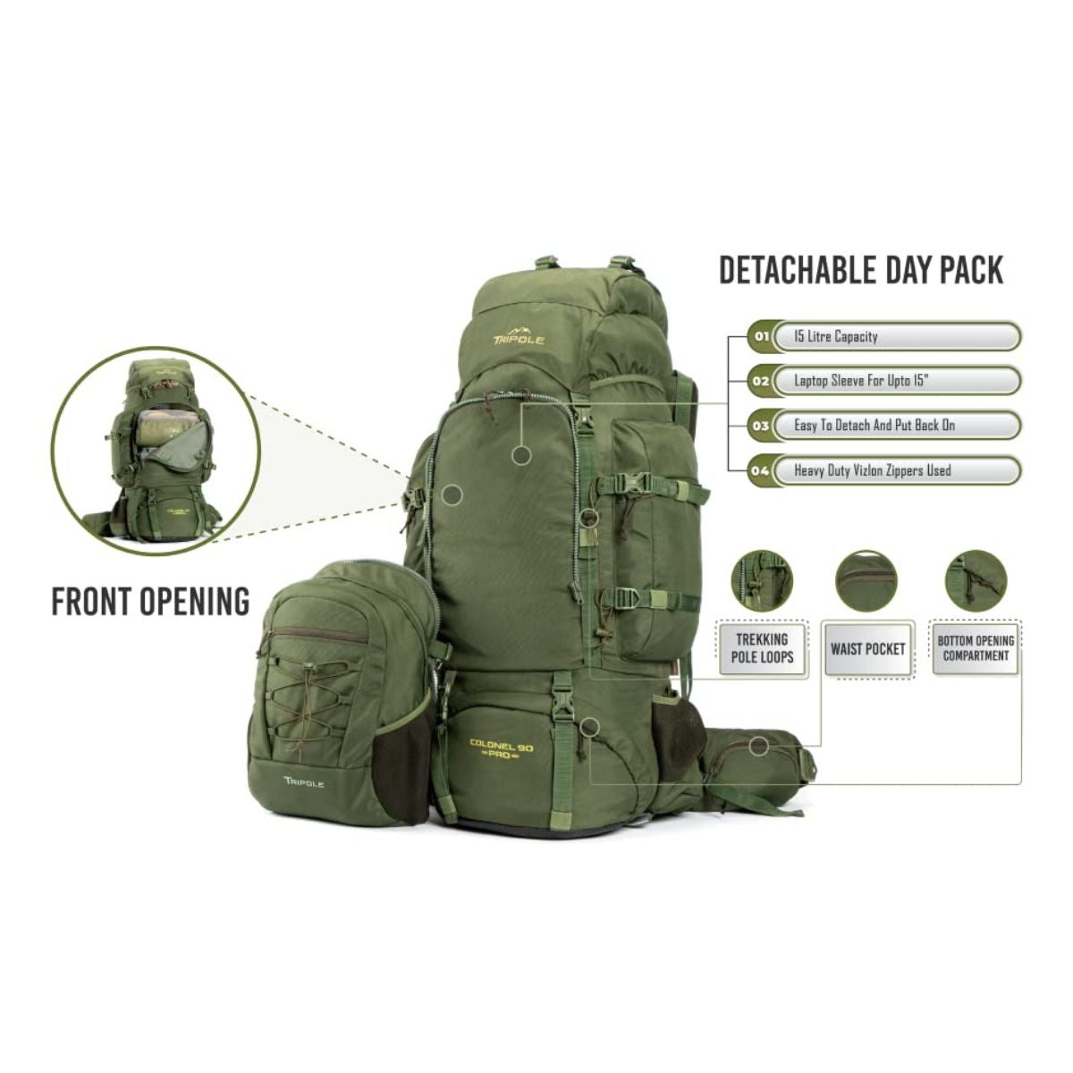 Colonel Pro Metal Frame Rucksack + Detachable Bag & Rain Cover - 105 Litres - Army Green 10
