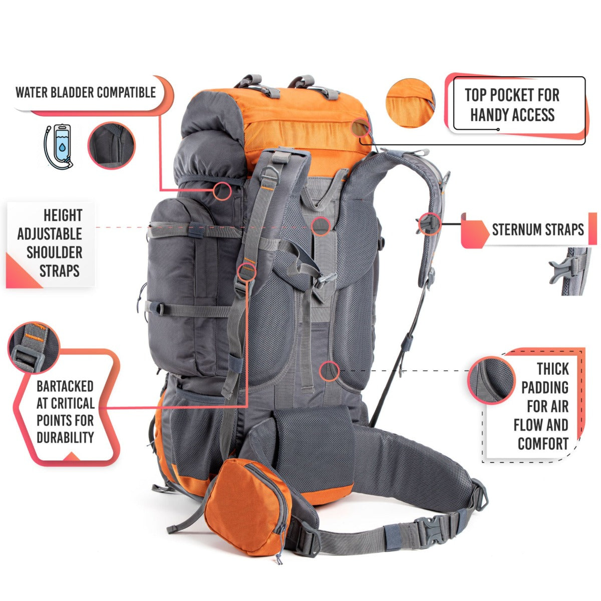 Walker Trekking and Backpacking Rucksack - 65 Litre - Grey & Orange 7