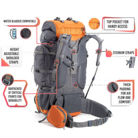 Walker Trekking and Backpacking Rucksack - 65 Litre - Grey & Orange 7