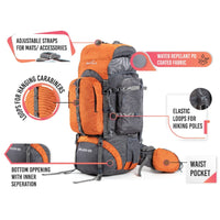Walker Trekking and Backpacking Rucksack - 65 Litre - Grey & Orange 6